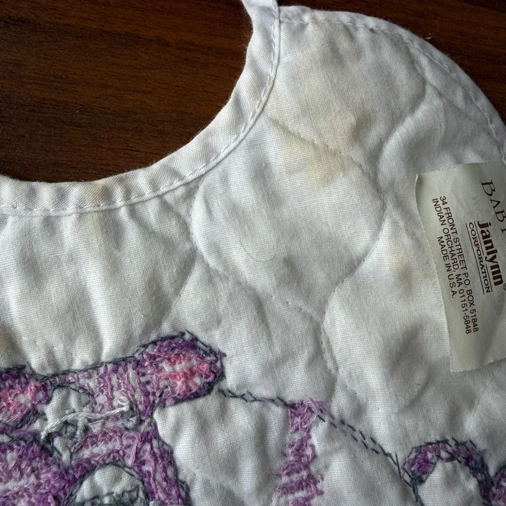 Baby Ware Janlynn Quilted Bib Purple Cow Moon‎ Stars Cross Stitch Tie